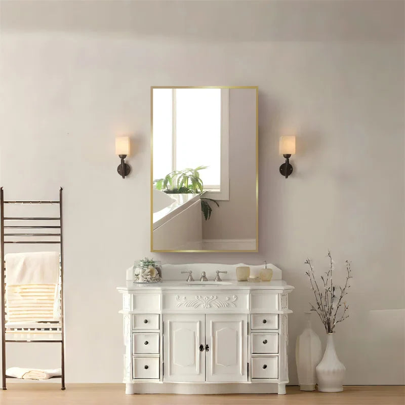 Bathroom Mirror with Gold Metal Frame and Internal Shelves
