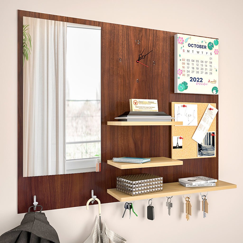 Beautiful (7 In One)' Wooden Wall Organiser with Mirror, Clock, Clipboard, Calendar and Hangers - Decor Smart