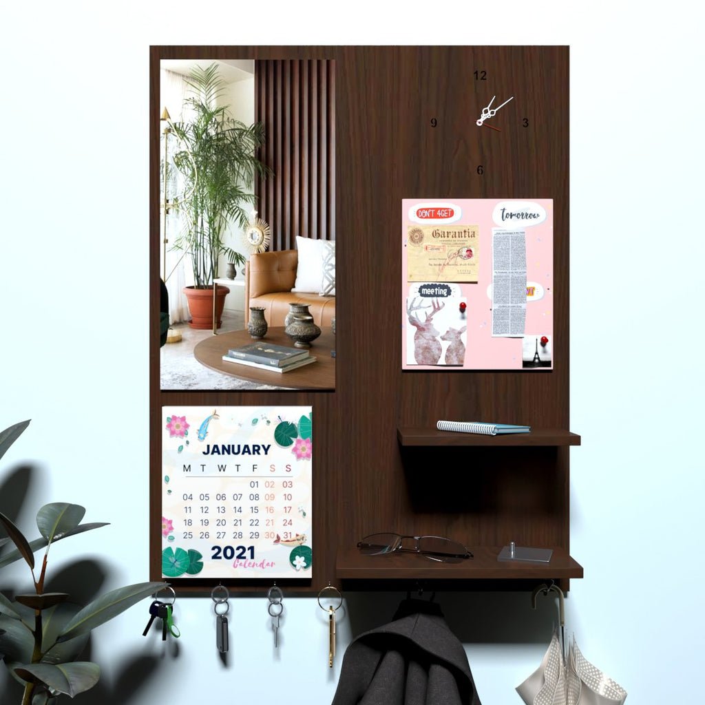 Beautiful "7 In One" Wooden Wall Organiser with Mirror, Key Holder, Coat Hangers, Pin Board, Clock, Calendar - Decor Smart