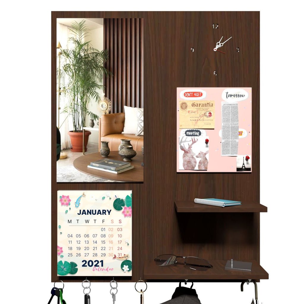 Beautiful "7 In One" Wooden Wall Organiser with Mirror, Key Holder, Coat Hangers, Pin Board, Clock, Calendar - Decor Smart