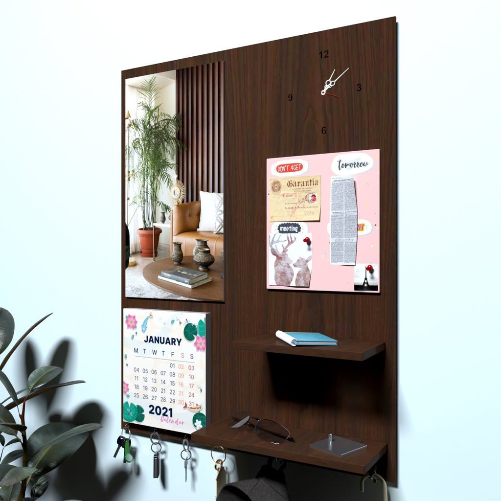 Beautiful "7 In One" Wooden Wall Organiser with Mirror, Key Holder, Coat Hangers, Pin Board, Clock, Calendar - Decor Smart
