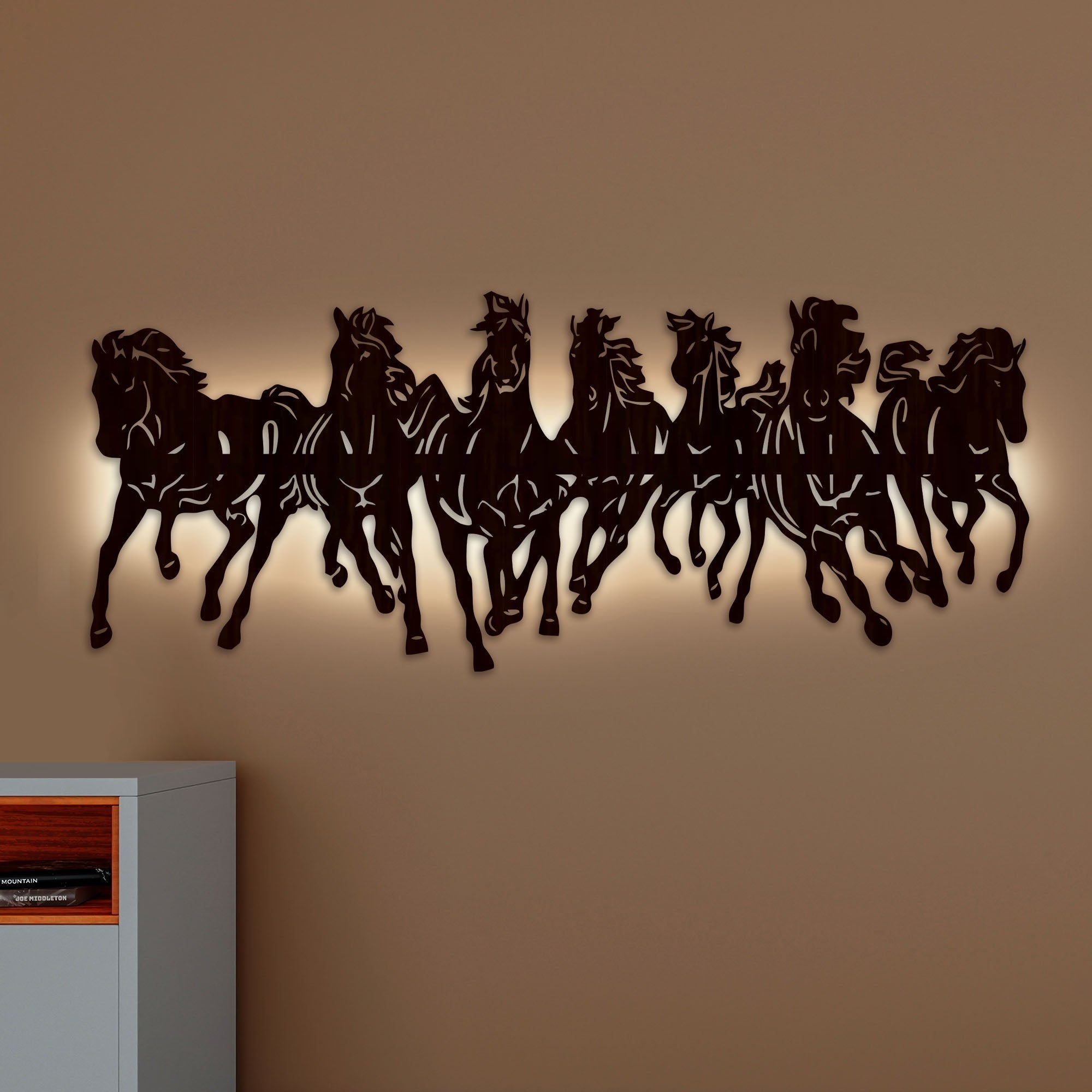 Beautiful 7 Running Horses Backlit with LED Wooden Wall Hanging - Decor Smart