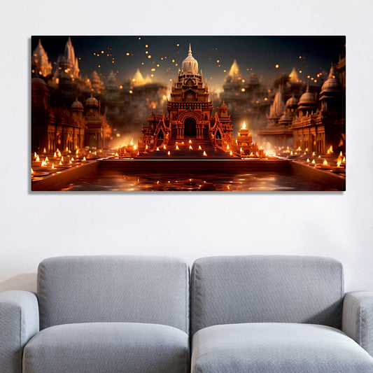Beautiful Adorned Diwali View of a Temple Canvas Wall Painting – Decor Smart