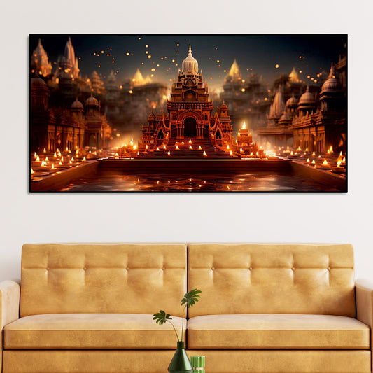 Beautiful Adorned Diwali View of a Temple Canvas Wall Painting – Decor Smart