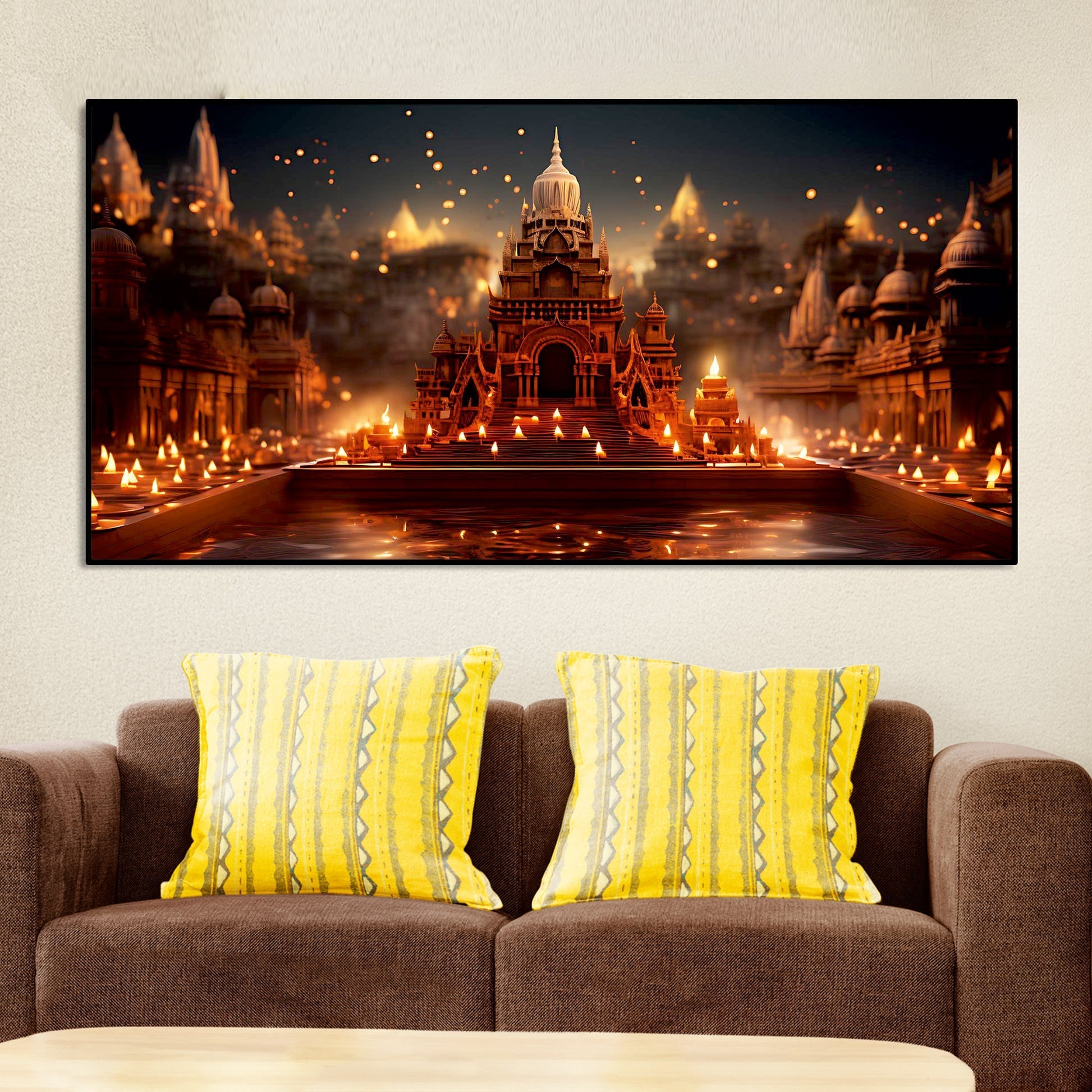 Beautiful Adorned Diwali View of a Temple Canvas Wall Painting – Decor Smart
