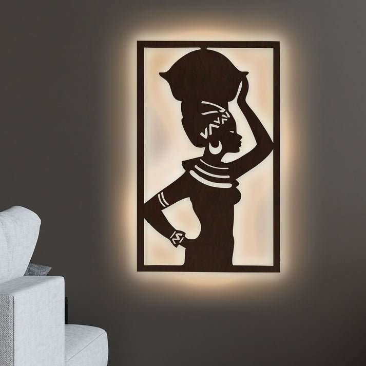 Beautiful African Women Backlit Wooden Wall Hanging with LED Night Light Walnut Finish - Decor Smart