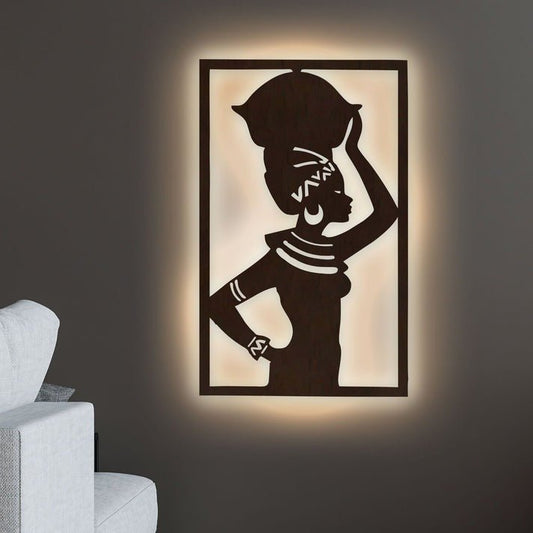 Beautiful African Women Backlit Wooden Wall Hanging with LED Night Light Walnut Finish - Decor Smart