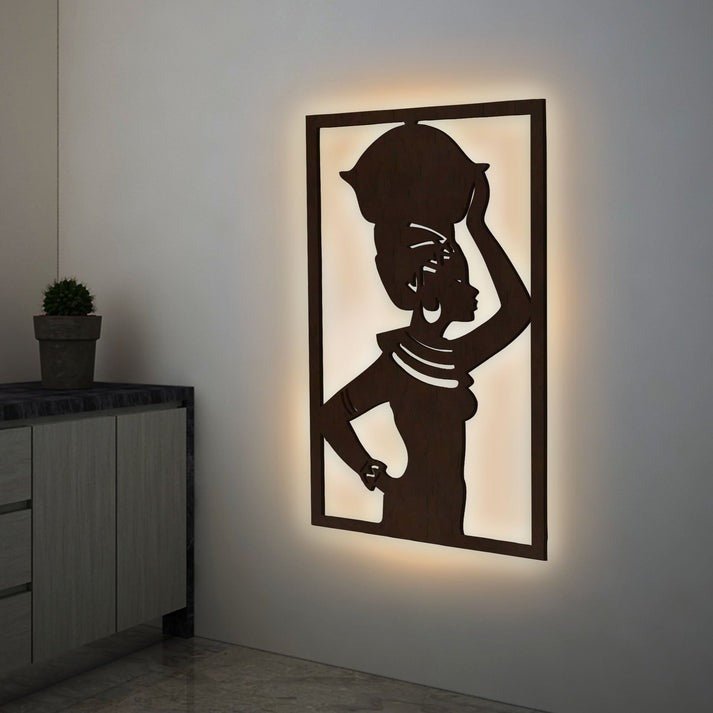 Beautiful African Women Backlit Wooden Wall Hanging with LED Night Light Walnut Finish - Decor Smart