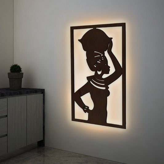 Beautiful African Women Backlit Wooden Wall Hanging with LED Night Light Walnut Finish - Decor Smart