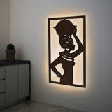 Beautiful African Women Backlit Wooden Wall Hanging with LED Night Light Walnut Finish - Decor Smart