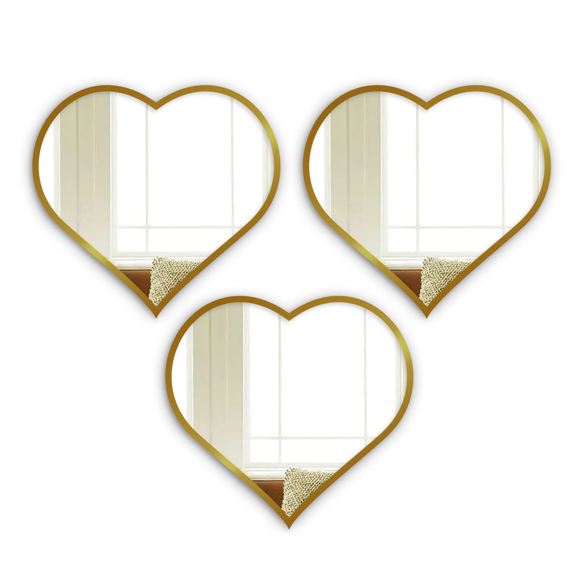 Beautiful Atractive Heart Shape Mirror with Golden Finish Frame Set of 3 - Decor Smart