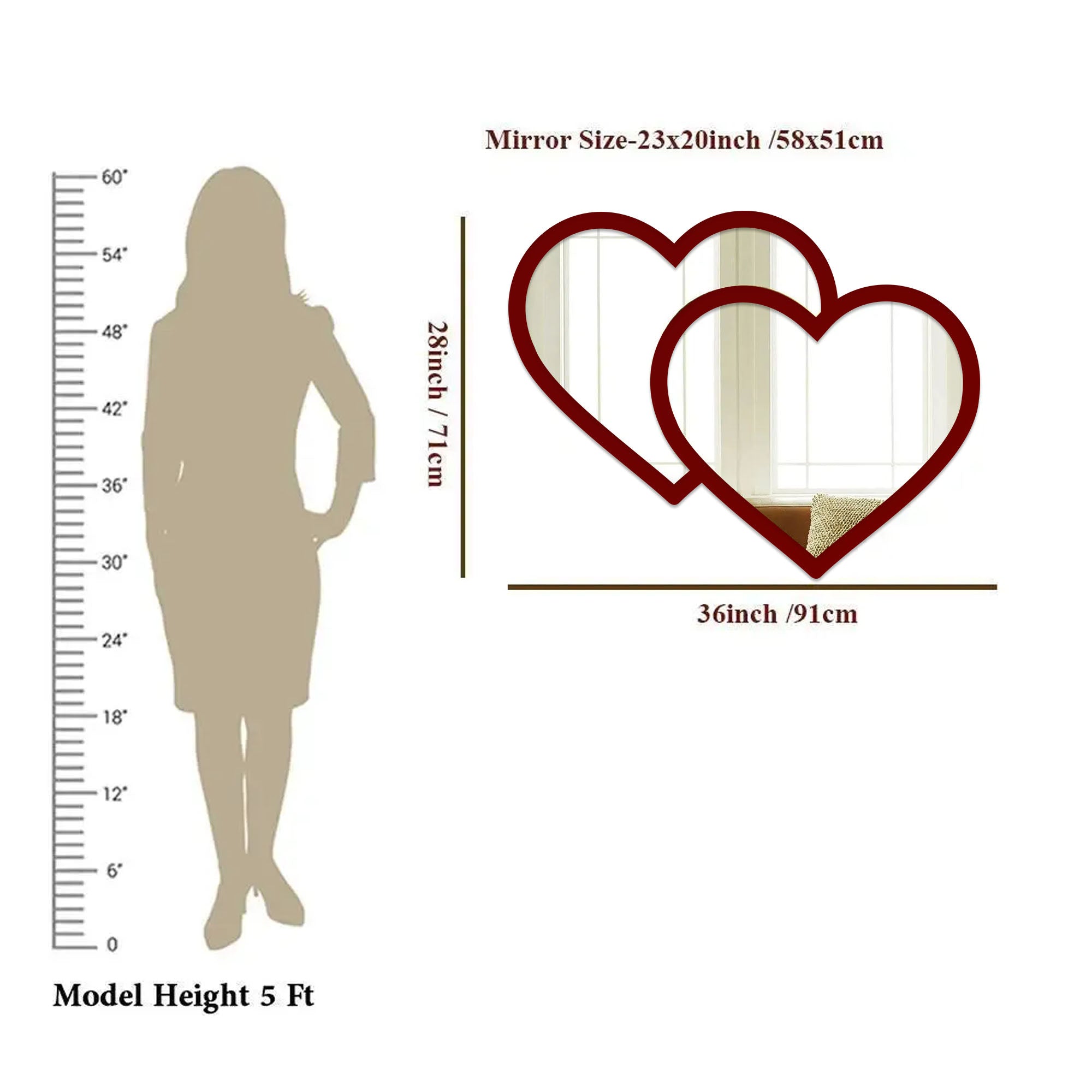 Beautiful Atractive Heart Shape Mirror with Red Finish Frame - Decor Smart