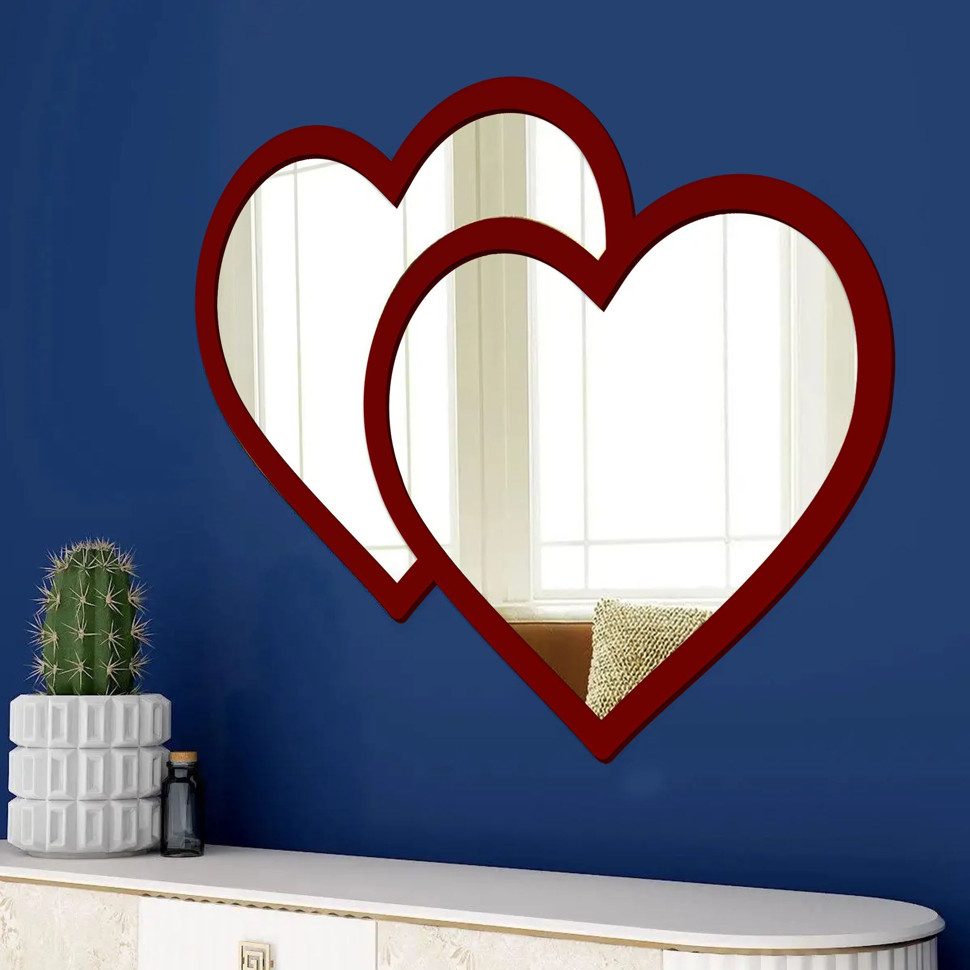 Beautiful Atractive Heart Shape Mirror with Red Finish Frame - Decor Smart
