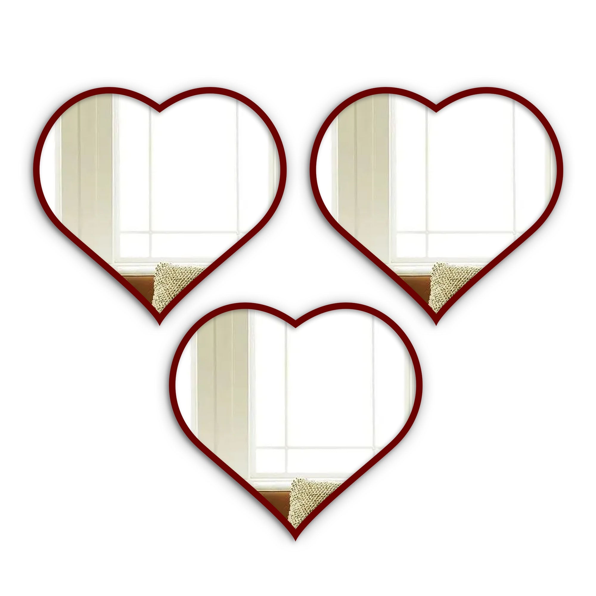 Beautiful Attractive Heart Shape Mirror with Red Finish Frame Set of 3 - Decor Smart
