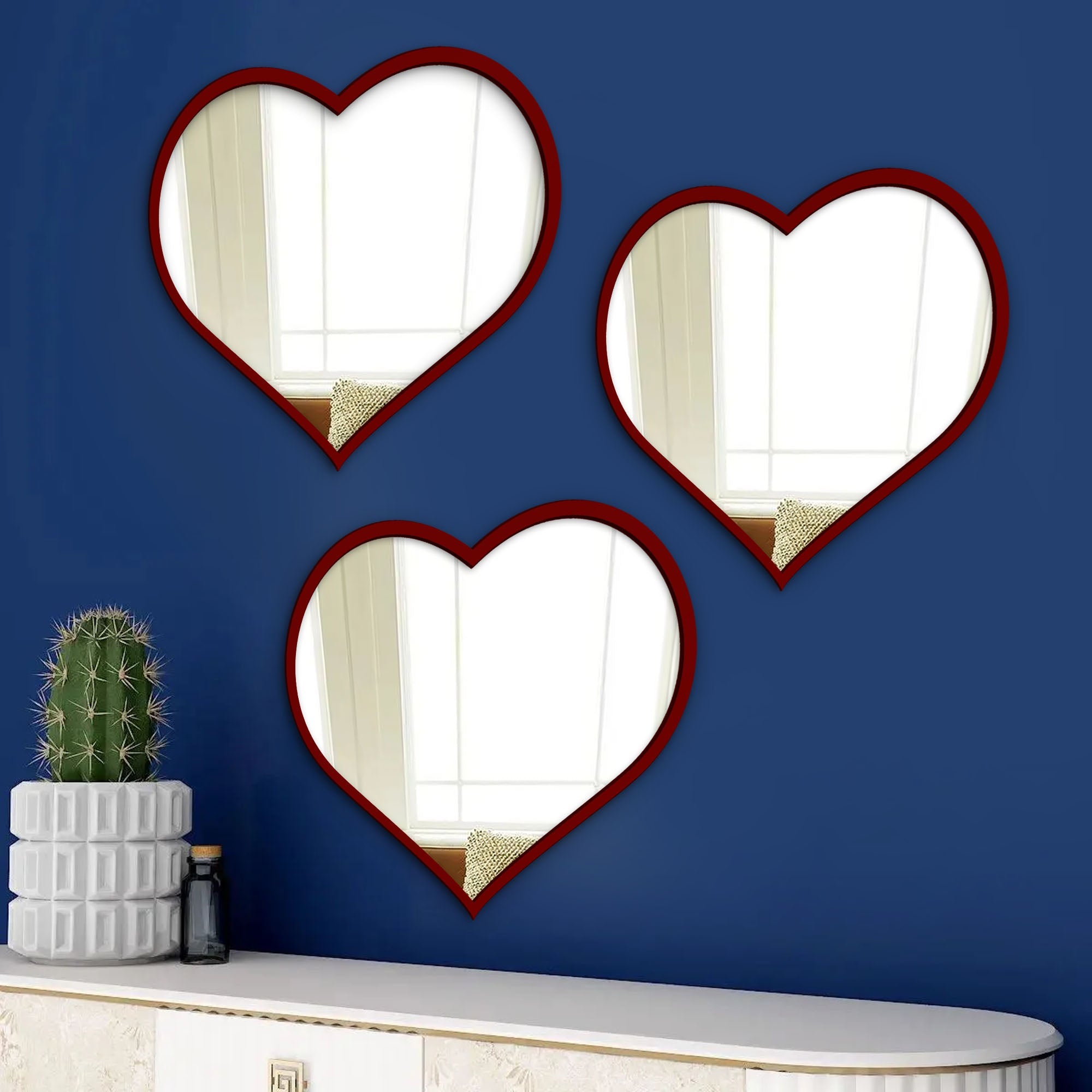 Beautiful Attractive Heart Shape Mirror with Red Finish Frame Set of 3 - Decor Smart