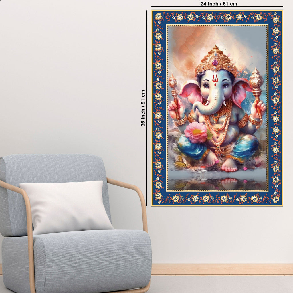 Beautiful Bal Ganesha Floral Border Vertical Wall Painting