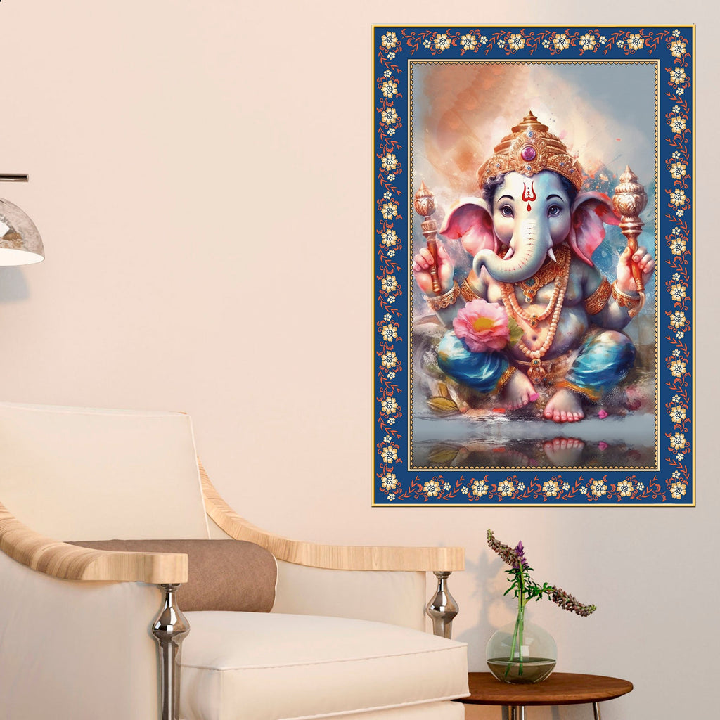 Beautiful Bal Ganesha Floral Border Vertical Wall Painting