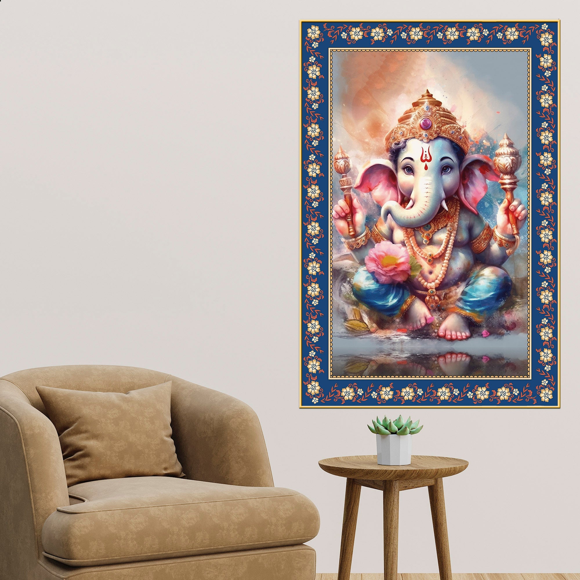 Beautiful Bal Ganesha Floral Border Vertical Wall Painting