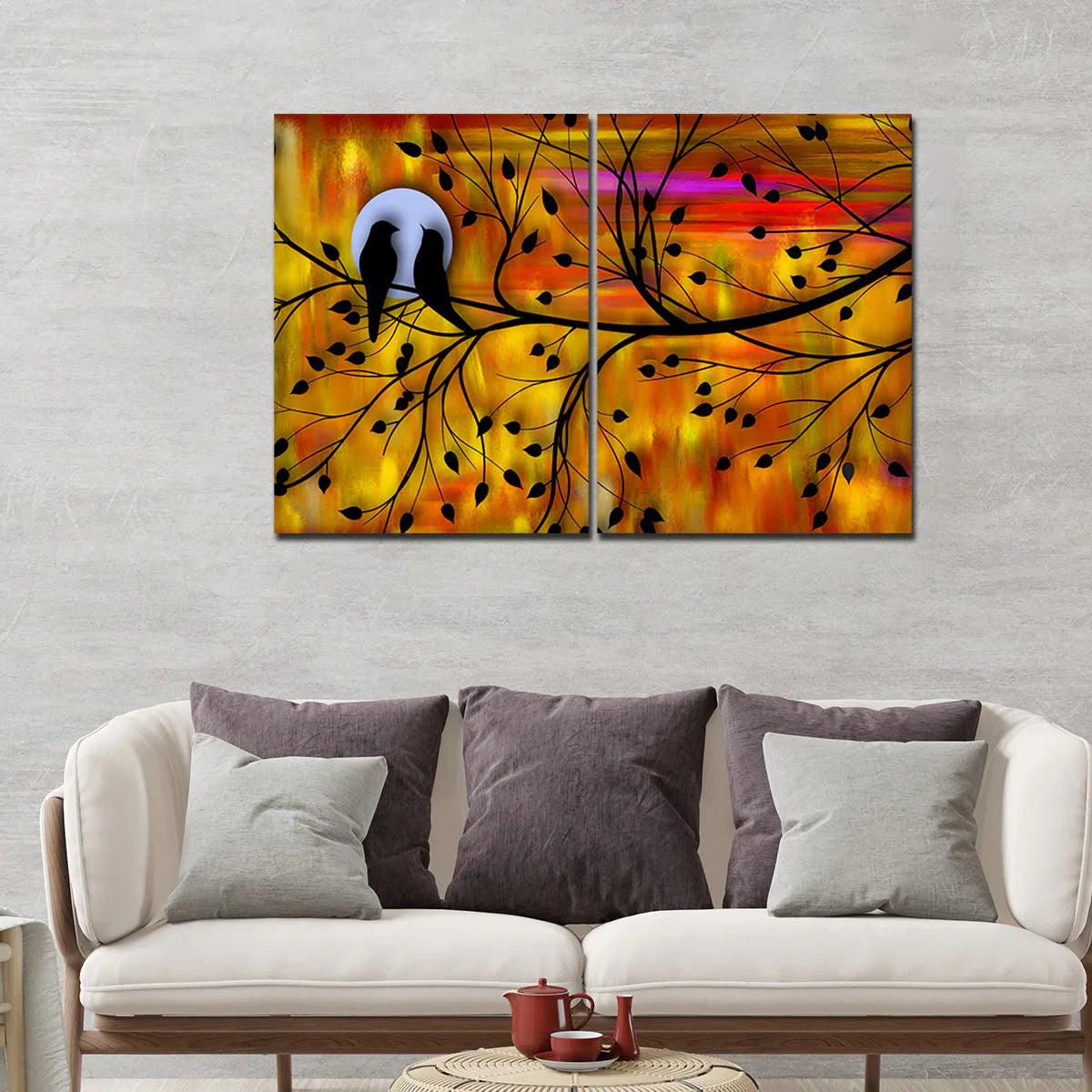 Beautiful Bird Couple on Tree Premium Bedroom Wall Painting - Decor Smart