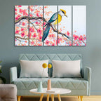 Beautiful Bird on Tree Branch Wall Painting of Five pieces