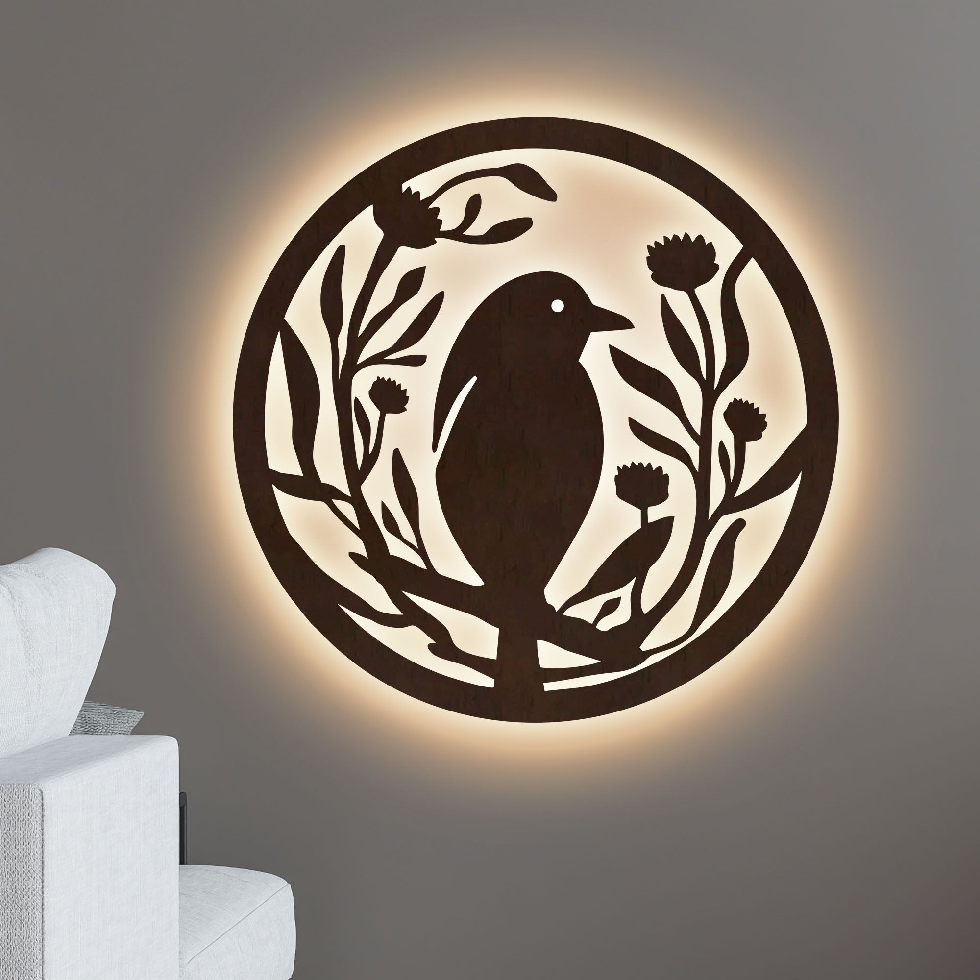 Beautiful Bird with Flower Round Backlit Wooden Wall Hanging with LED Night Light Walnut Finish - Decor Smart
