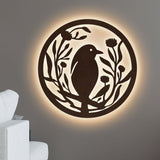 Beautiful Bird with Flower Round Backlit Wooden Wall Hanging with LED Night Light Walnut Finish - Decor Smart