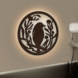 Beautiful Bird with Flower Round Backlit Wooden Wall Hanging with LED Night Light Walnut Finish - Decor Smart