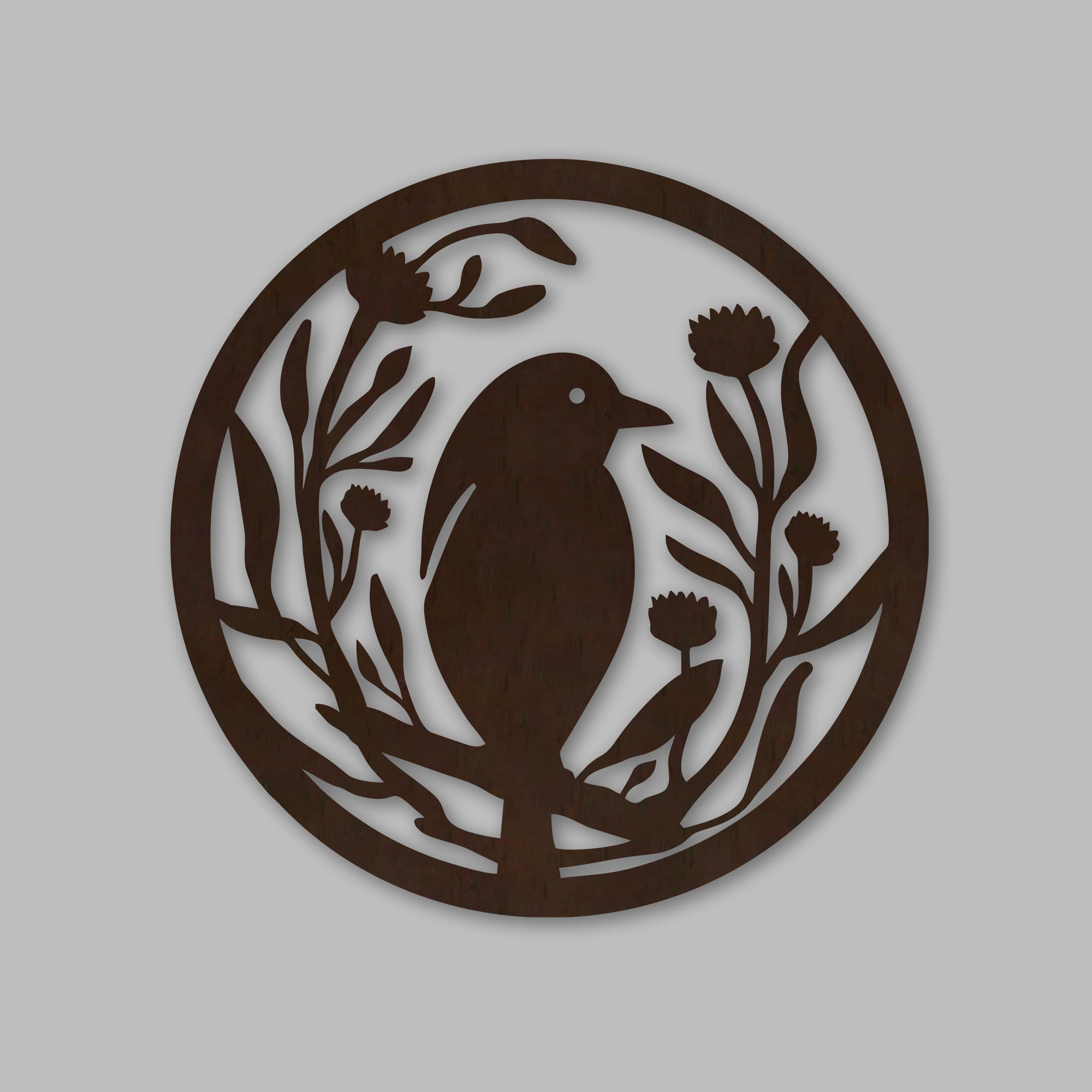 Beautiful Bird with Flower Round Backlit Wooden Wall Hanging with LED Night Light Walnut Finish - Decor Smart