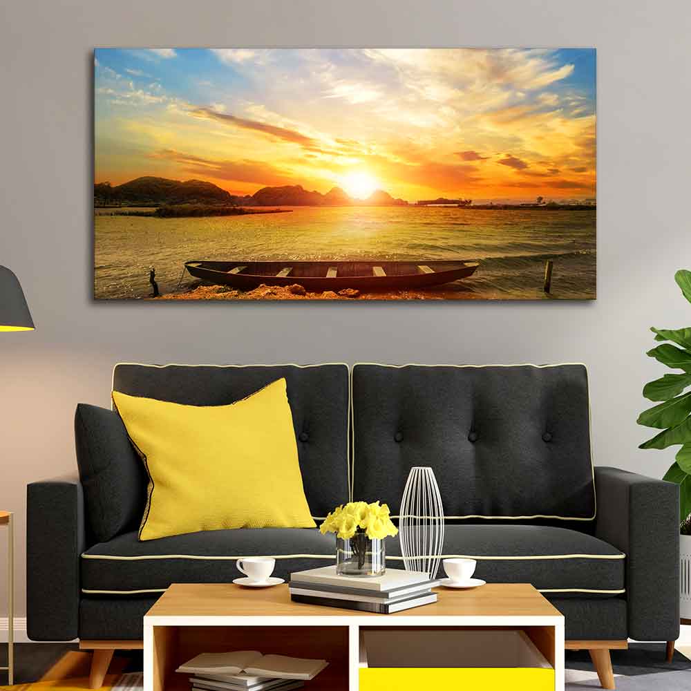 Beautiful Canvas Wall Painting of Boat on Beach & Sunset - Decor Smart