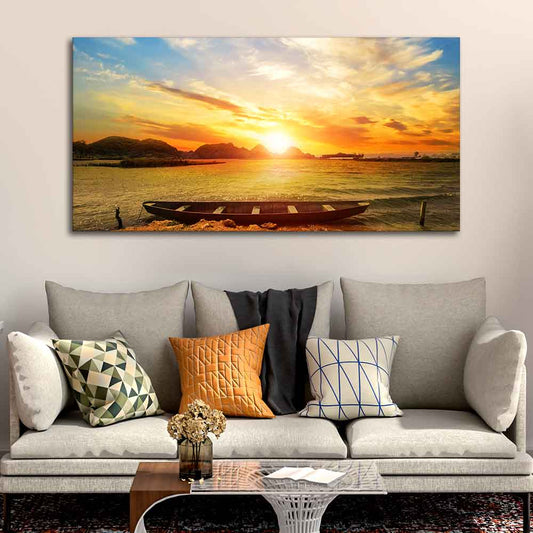 Beautiful Canvas Wall Painting of Boat on Beach & Sunset - Decor Smart