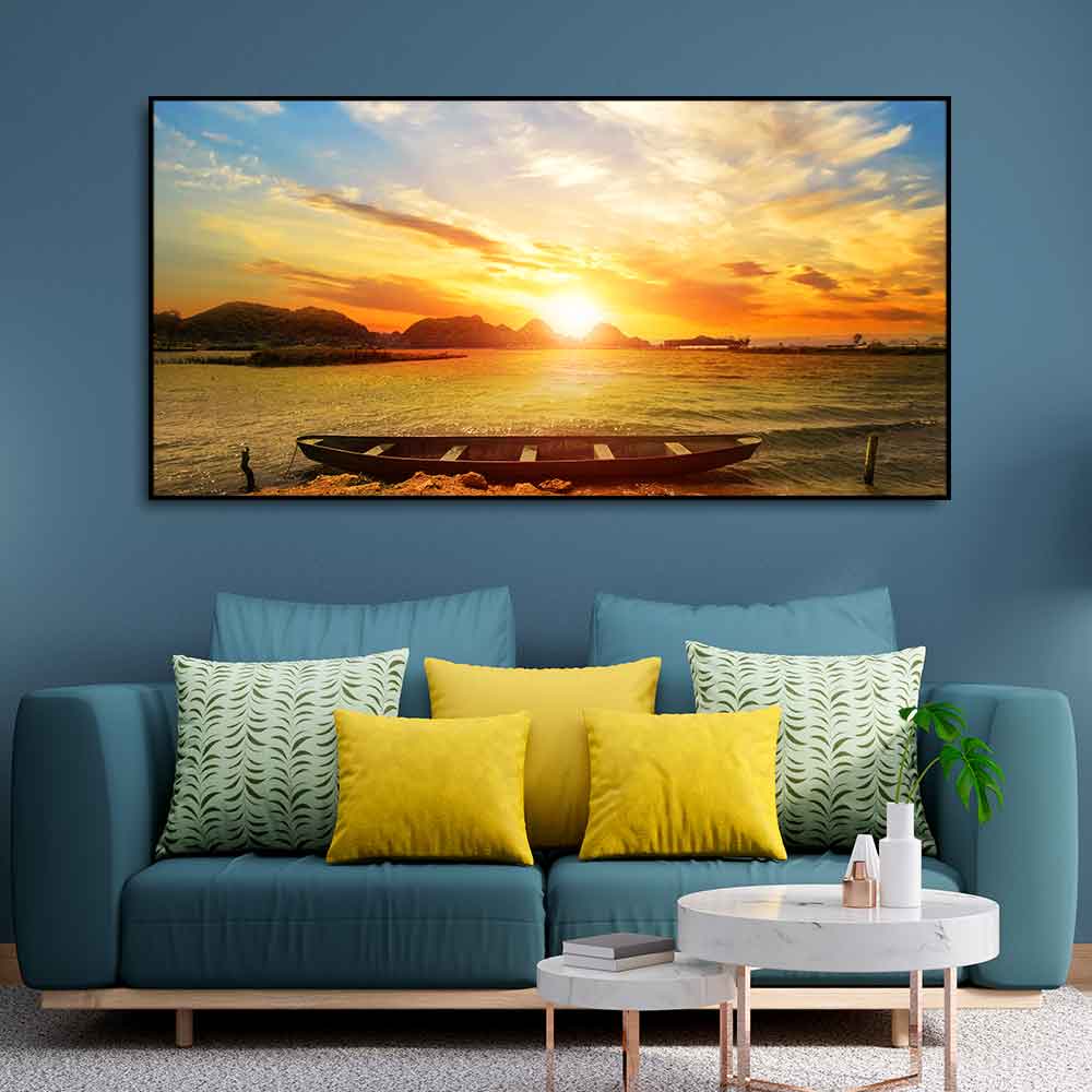 Beautiful Canvas Wall Painting of Boat on Beach & Sunset - Decor Smart