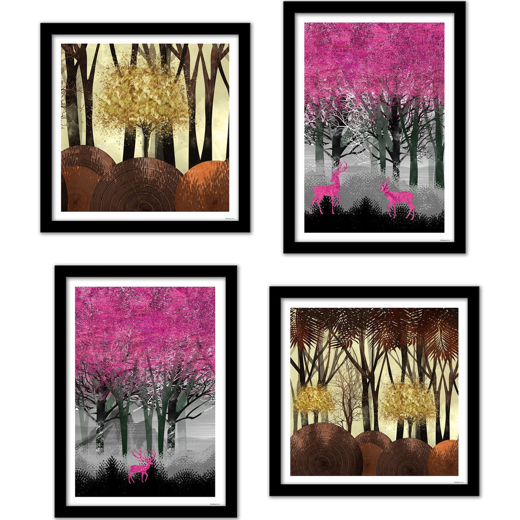 Beautiful Dark Forest Deer Wall Frame Set of Four