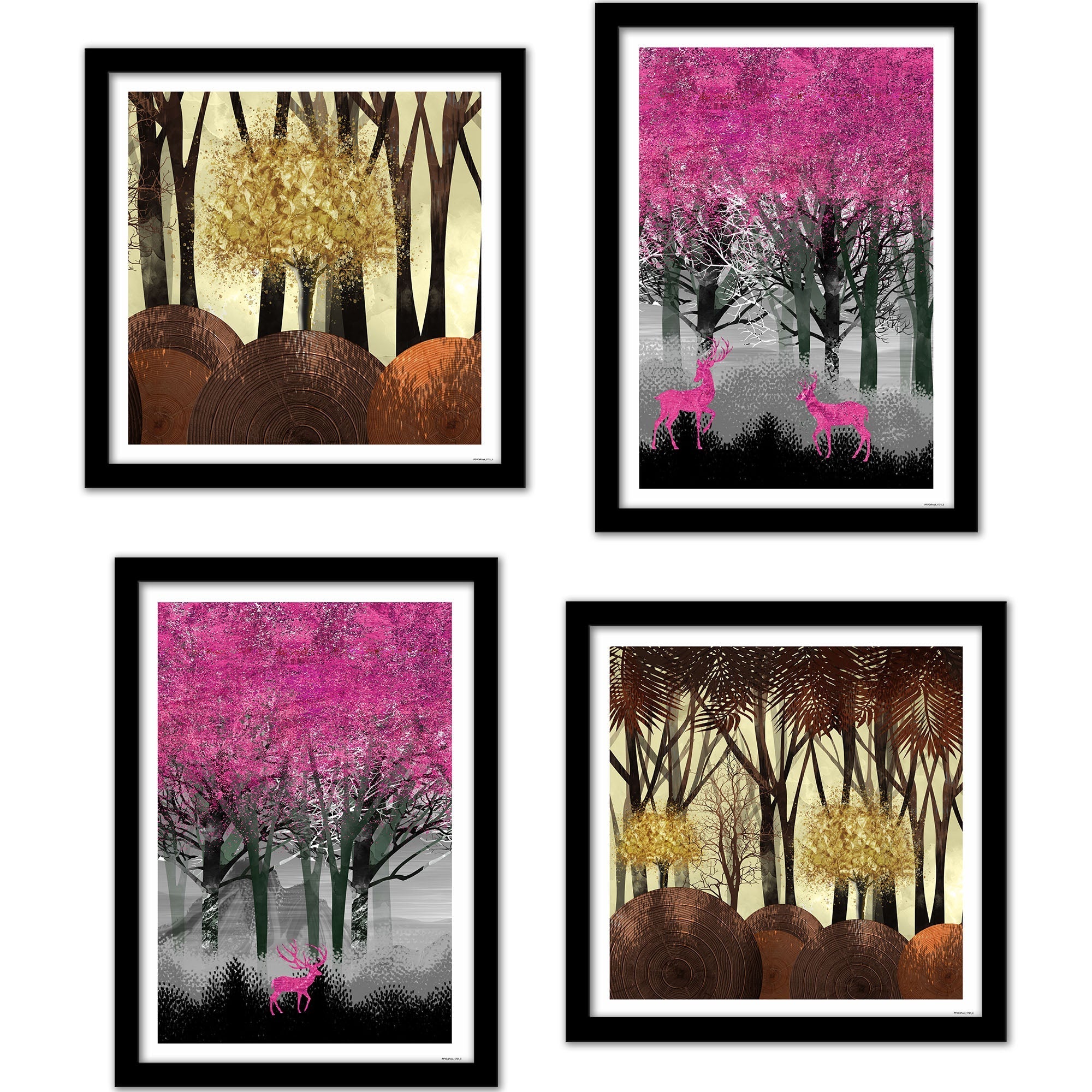 Beautiful Dark Forest Deer Wall Frame Set of Four