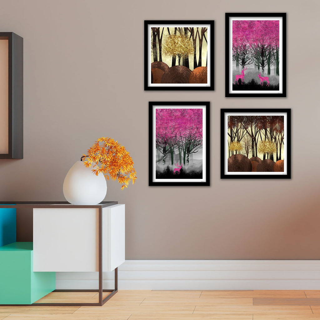 Beautiful Dark Forest Deer Wall Frame Set of Four