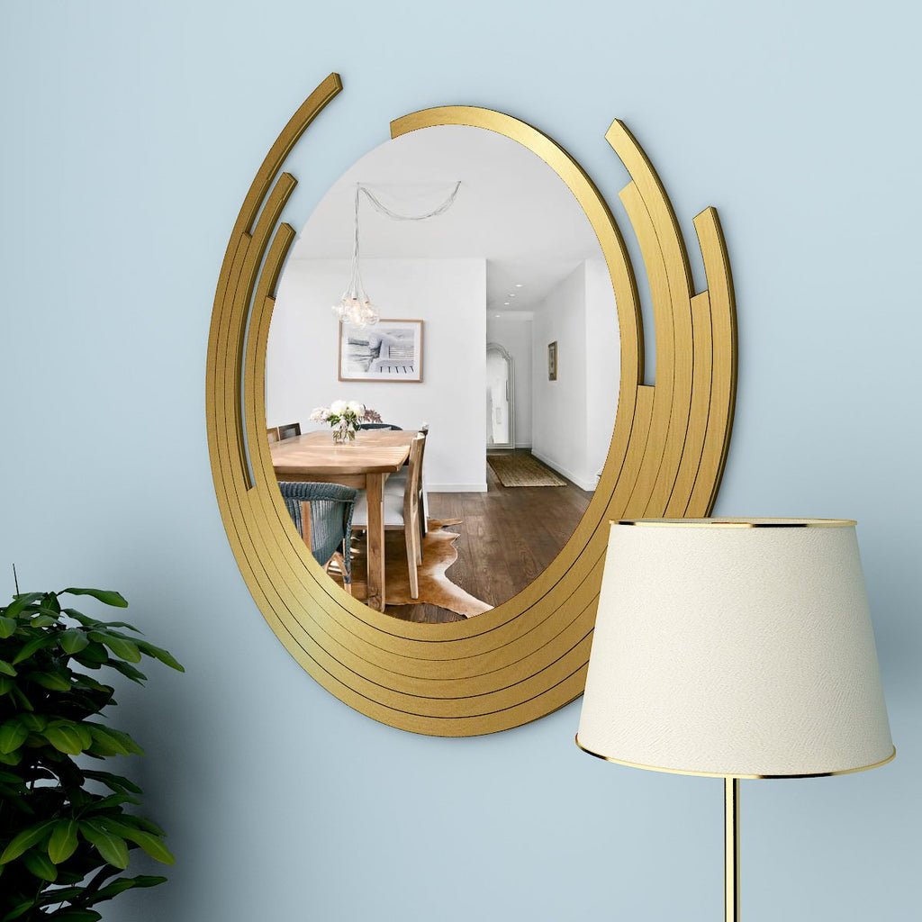 Beautiful Decorative Wooden Wall Mirror Round Shape with Golden Finish Frame - Decor Smart