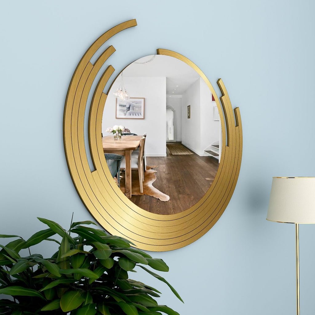 Beautiful Decorative Wooden Wall Mirror Round Shape with Golden Finish Frame - Decor Smart