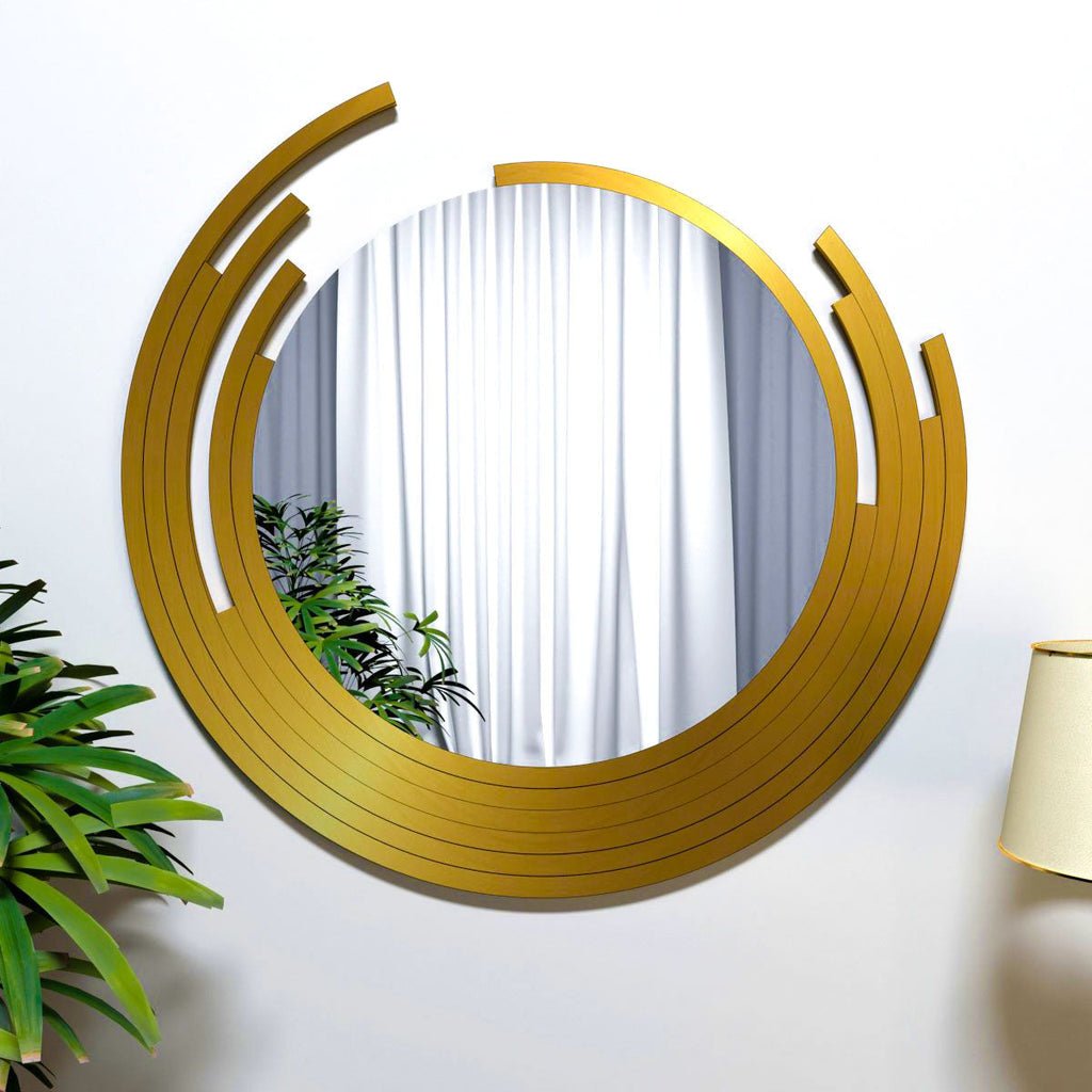 Beautiful Decorative Wooden Wall Mirror Round Shape with Golden Finish Frame - Decor Smart