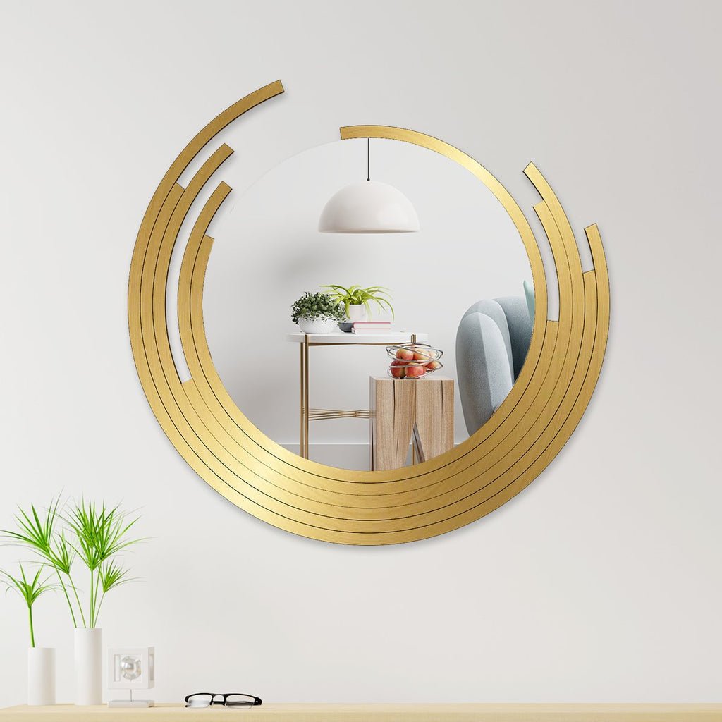Beautiful Decorative Wooden Wall Mirror Round Shape with Golden Finish Frame - Decor Smart