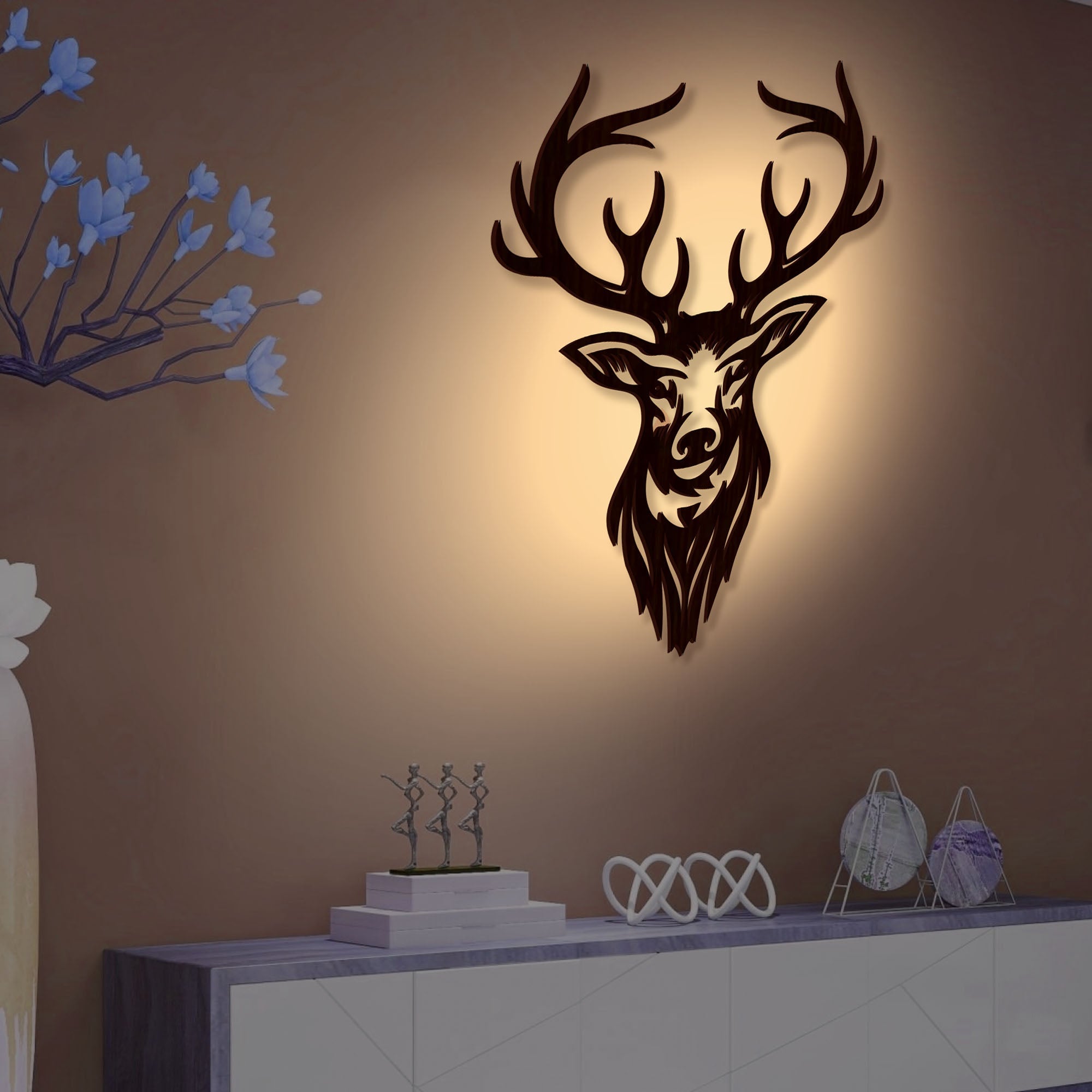 Beautiful Deer Head Premium Backlit Wooden Wall Hanging with LED Night Light Walnut Finish - Decor Smart