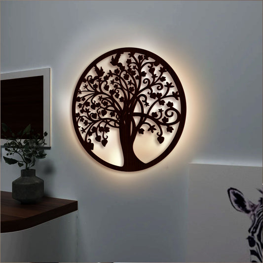 Beautiful Design Modern Backlit Art Wooden Wall Hanging with LED Night Light Walnut Finish - Decor Smart