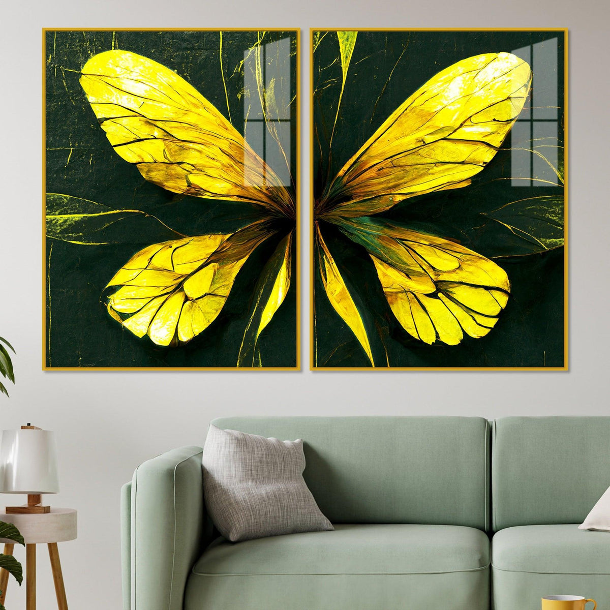 Beautiful Design of Golden Wings Art Acrylic Floating Wall Painting Set Of 2 - Decor Smart