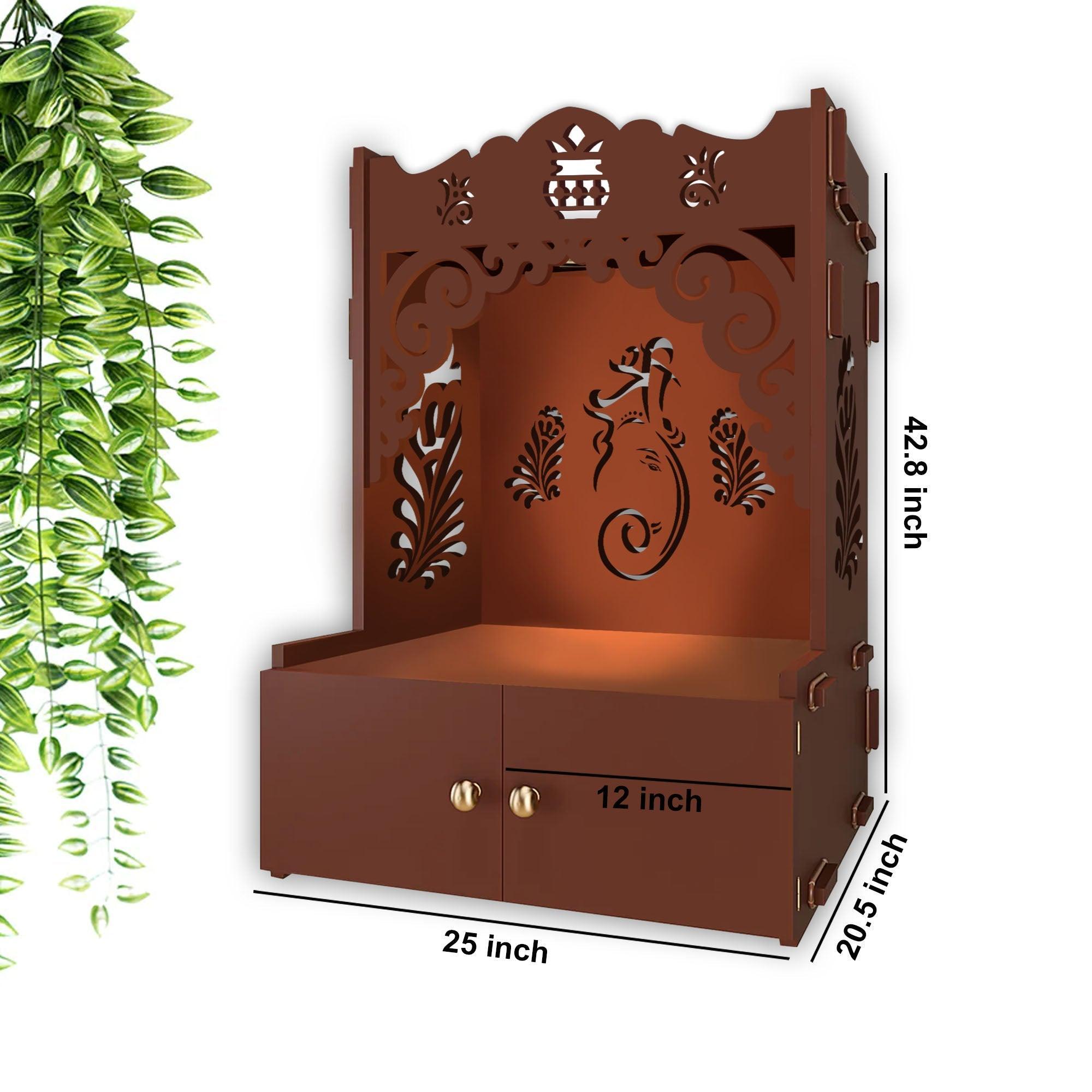 Beautiful Design of Shri Ganesh Floor Temple with Spacious Wooden Shelf & Inbuilt Focus Light - Brown Finish - Decor Smart