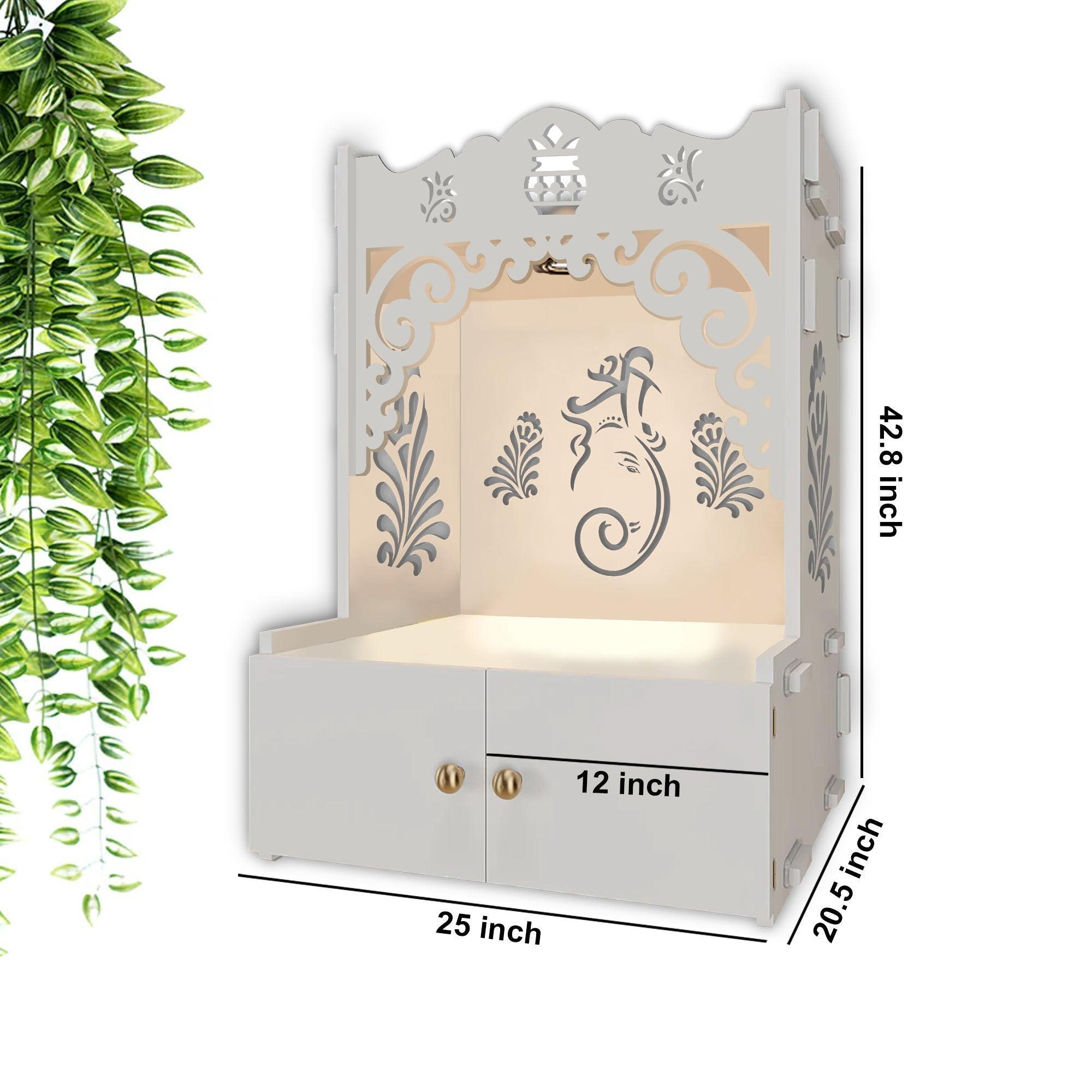 Beautiful Design of Shri Ganesh Floor Temple with Spacious Wooden Shelf & Inbuilt Focus Light - White Finish - Decor Smart