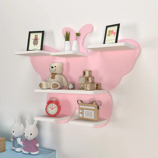 Beautiful Designer Pink Butterfly Wooden Wall Shelf for Kids - Decor Smart