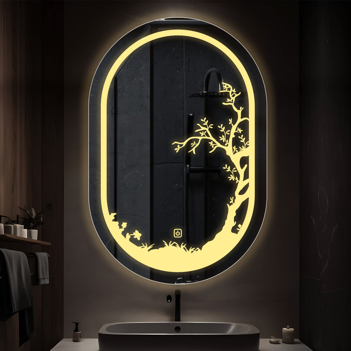 Beautiful Etching Border Edge Tree Design Art LED Bathroom Wall Mirror - Decor Smart