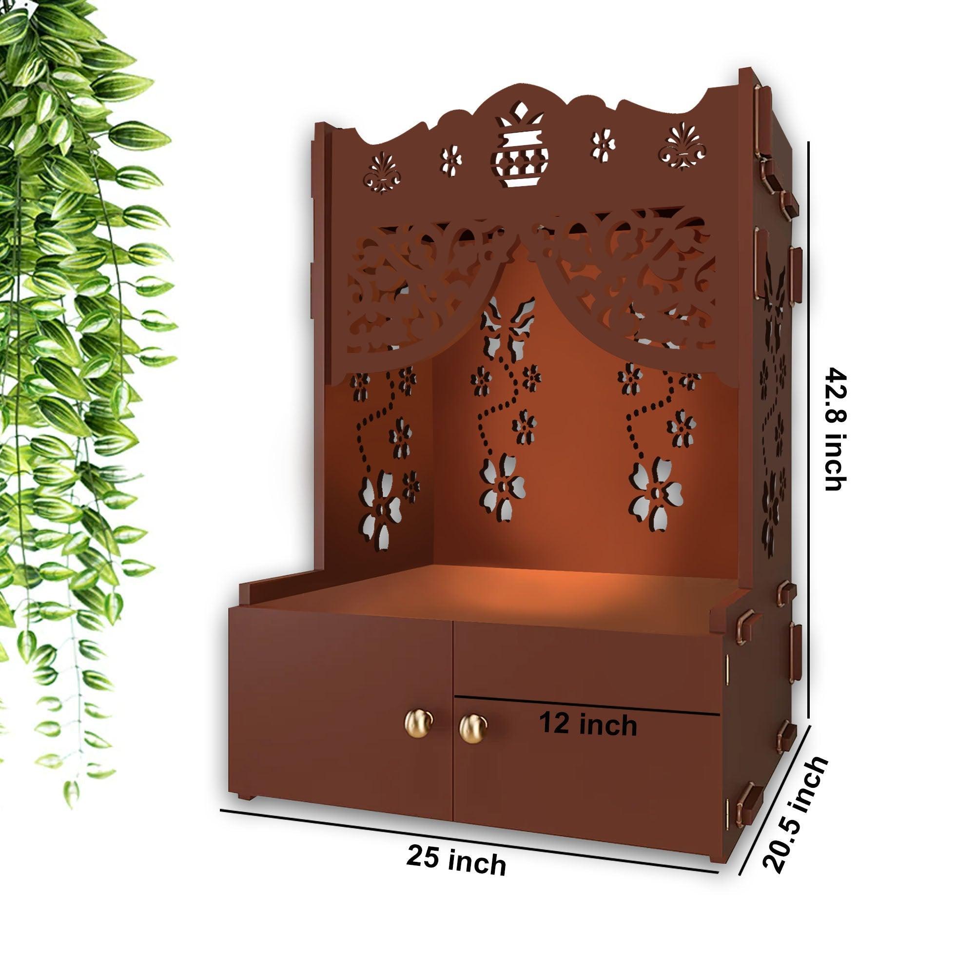 Beautiful Flower Design Pattern Floor Temple with Spacious Wooden Shelf & Inbuilt Focus Light - Brown Finish - Decor Smart