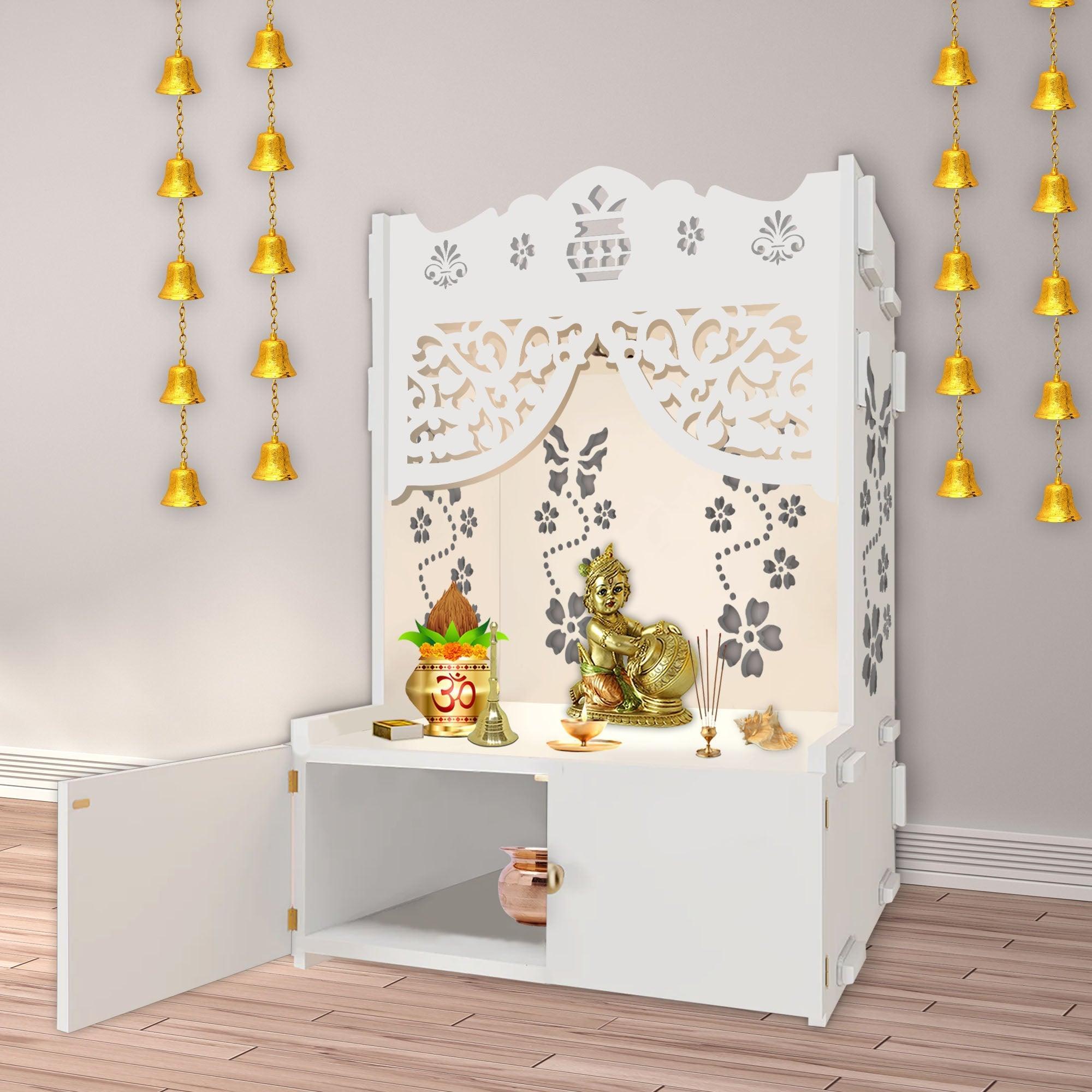 Beautiful Flower Design Pattern Floor Temple with Spacious Wooden Shelf & Inbuilt Focus Light - White Finish - Decor Smart