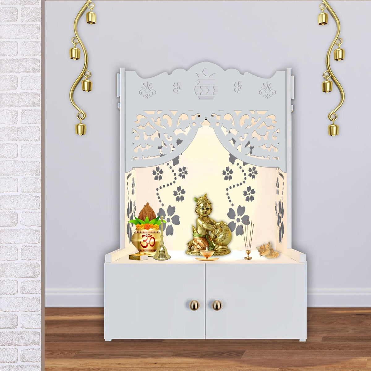 Beautiful Flower Design Pattern Floor Temple with Spacious Wooden Shelf & Inbuilt Focus Light - White Finish - Decor Smart