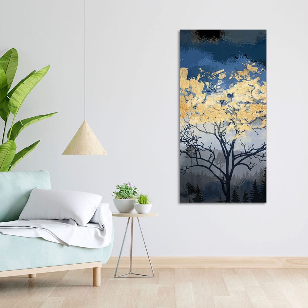Beautiful Forest at Night with Gold Leaf Tree Canvas Wall Painting - Decor Smart