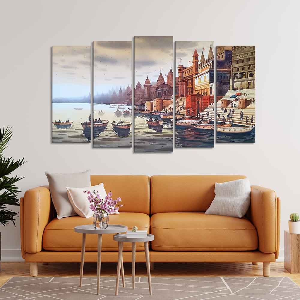 Beautiful Ganga Ghat Canvas Wall Painting of Five Pieces